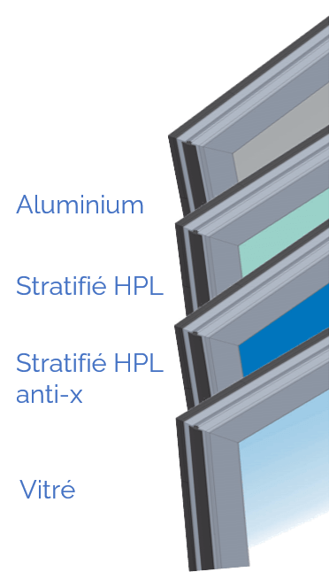 profils de vantail, aluminium, stratifié hpl, stratifié hpl anti-x, vitre